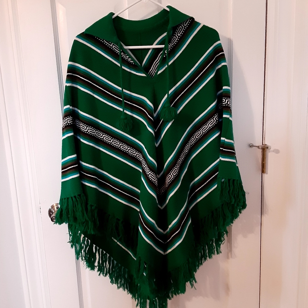 Vintage green, black, brown, turquoise and white poncho.